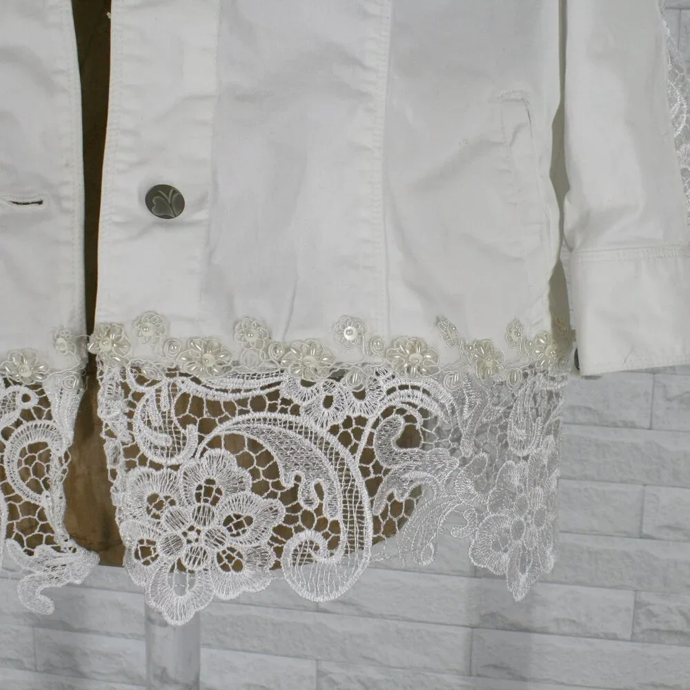 HAND CRAFTED Jacket Denim Upcycled Lace Pearl Floral White Plus Size 16 - Picture 3 of 16